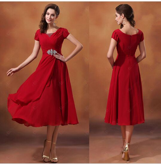 新しいAラインシフォンブライドメイドドレスの半袖クリスタルサッシvネックティーレングスファッション安いプロムの夜のフォーマルガウンW5005