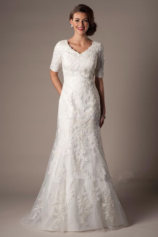 Modest Custom Made A Line Wedding Dresses Long Bridal Gown V Neck With ...