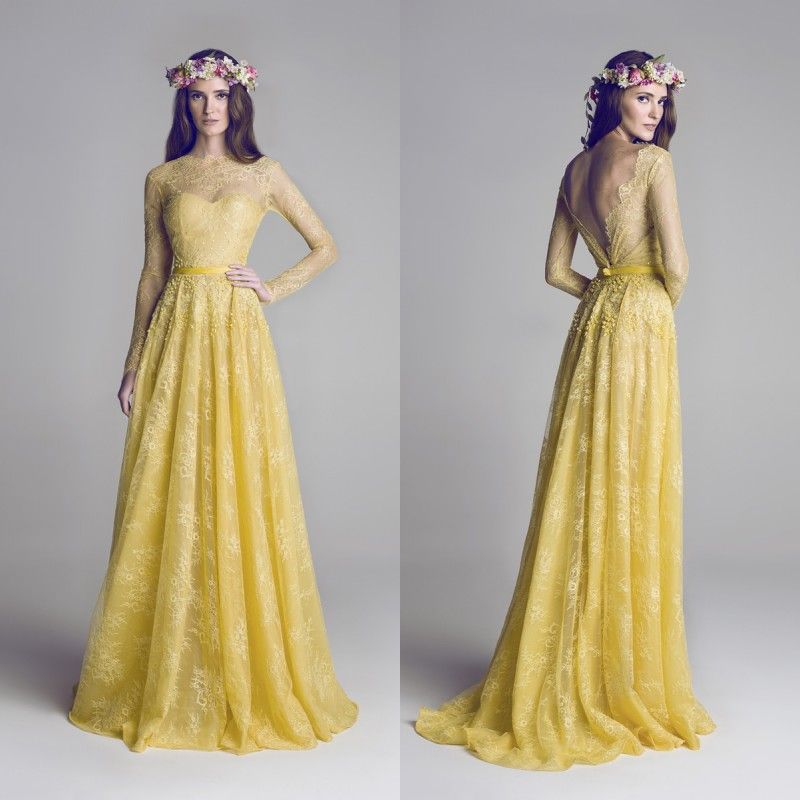 Formal Prom Dresses Long A Line Sheer Crew Neck Beaded Illusion Gold Yellow Lace Backless Evening Dresses With Long Sleeves DL1212160