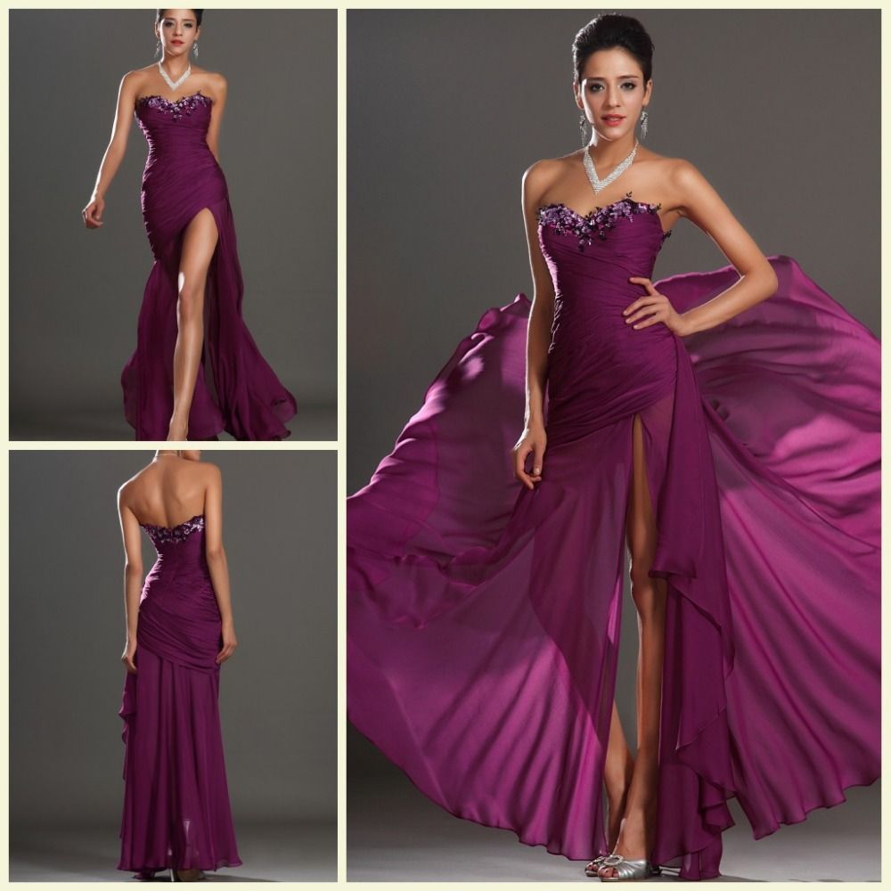 Women 2014 Ruched Long Purple Evening Dress Eaded A Line Sweetheart ...