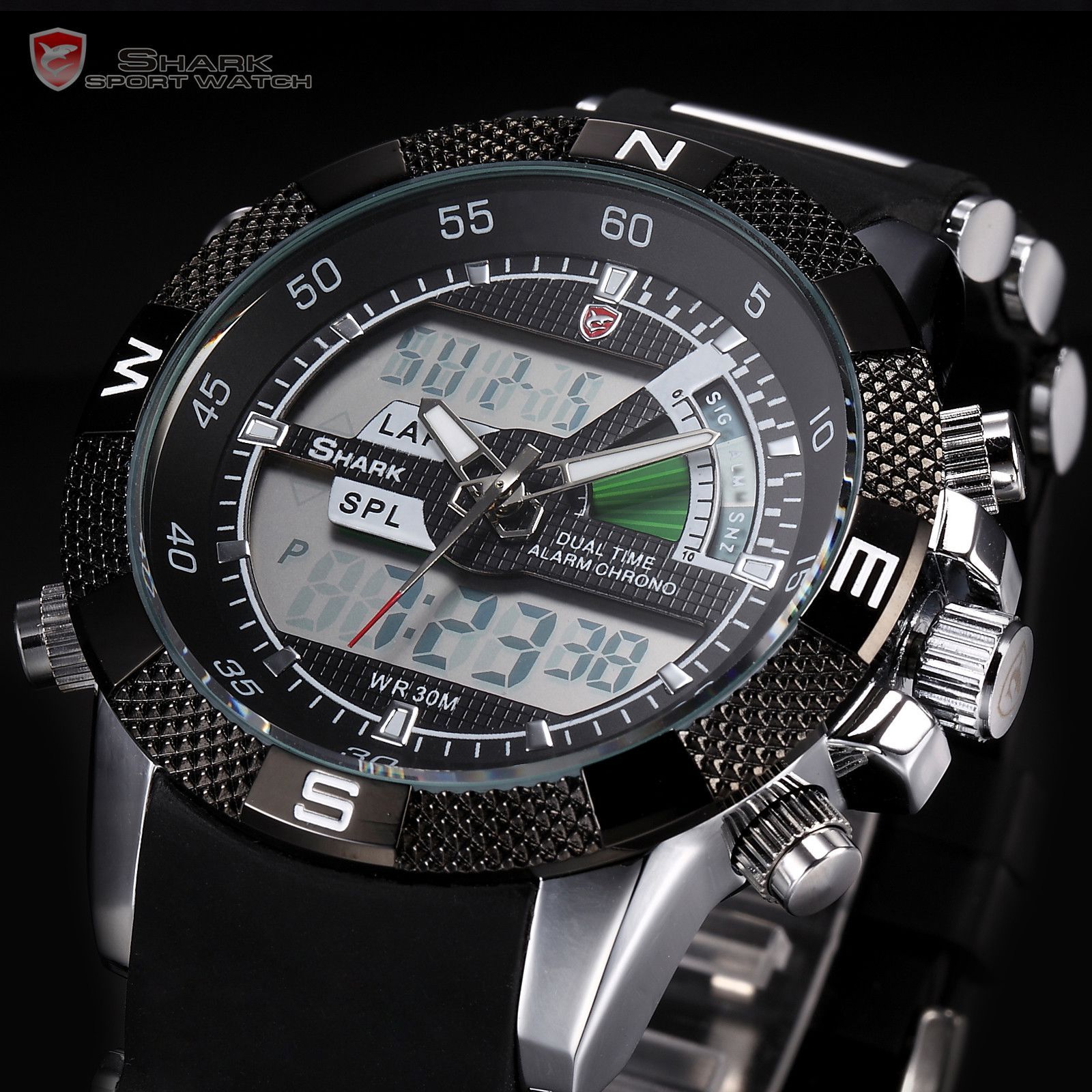 Mens SHARK Watch LCD Digital Analog Dual Time Quartz Sport Rubber Band