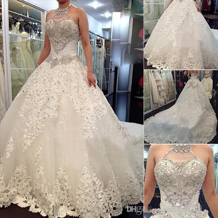 Luxury Crystal Beaded Lace Wedding Dress White//Ivory Cathedral Train Bridal Gown