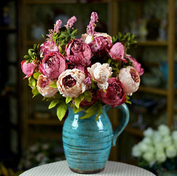 8 heads/bunch 47cm/18.5" Artificial Peony Flower Fake Peonies with Foam Berries & Hydrangea Flowers for Wedding Bouquets