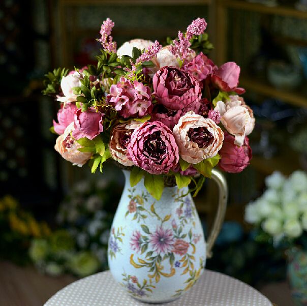 8 heads/bunch 47cm/18.5" Artificial Peony Flower Fake Peonies with Foam Berries & Hydrangea Flowers for Wedding Bouquets