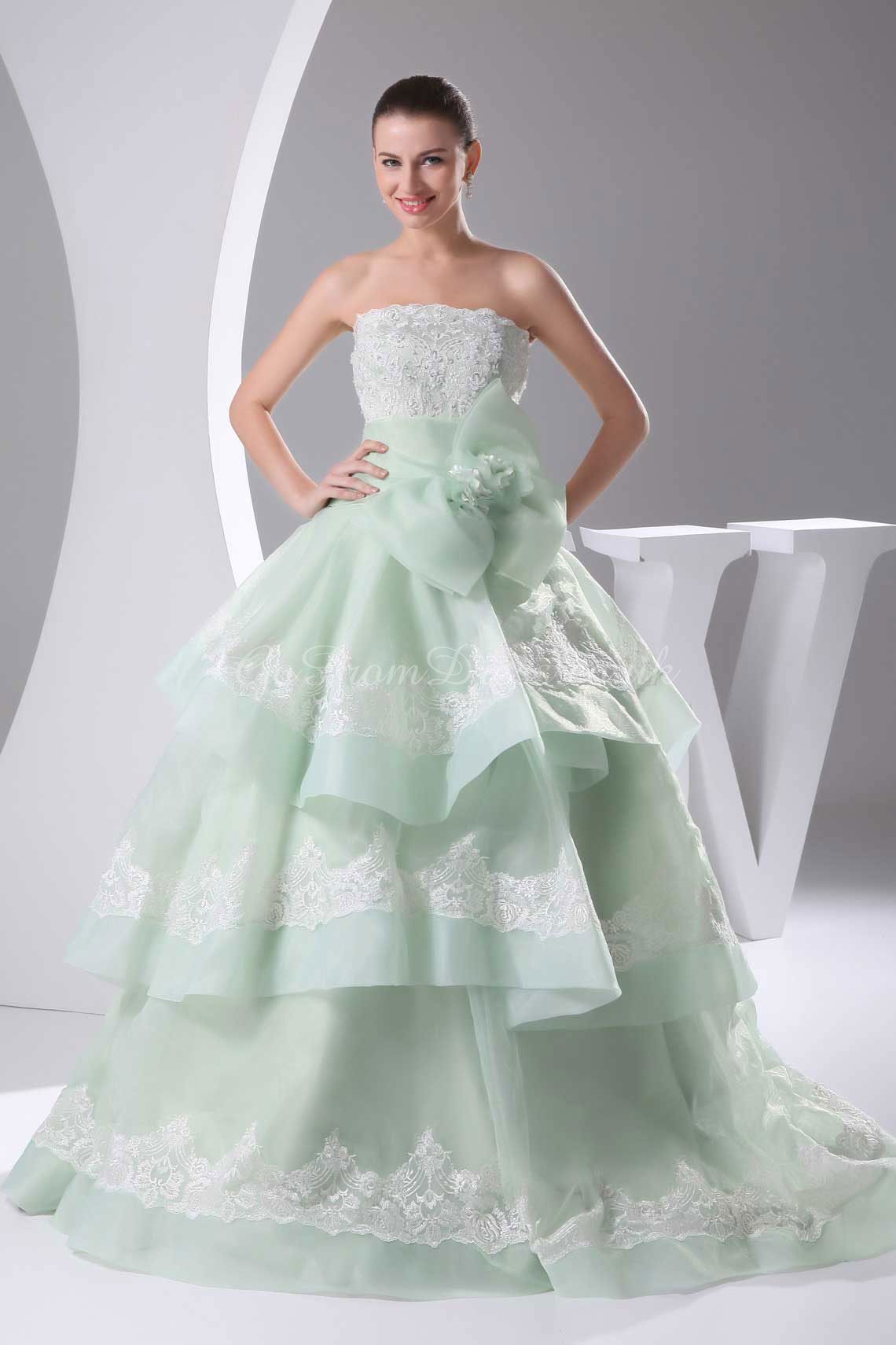 2015 Mint Green Wedding Dresses Bow Applique Strapless Backless Ball ...