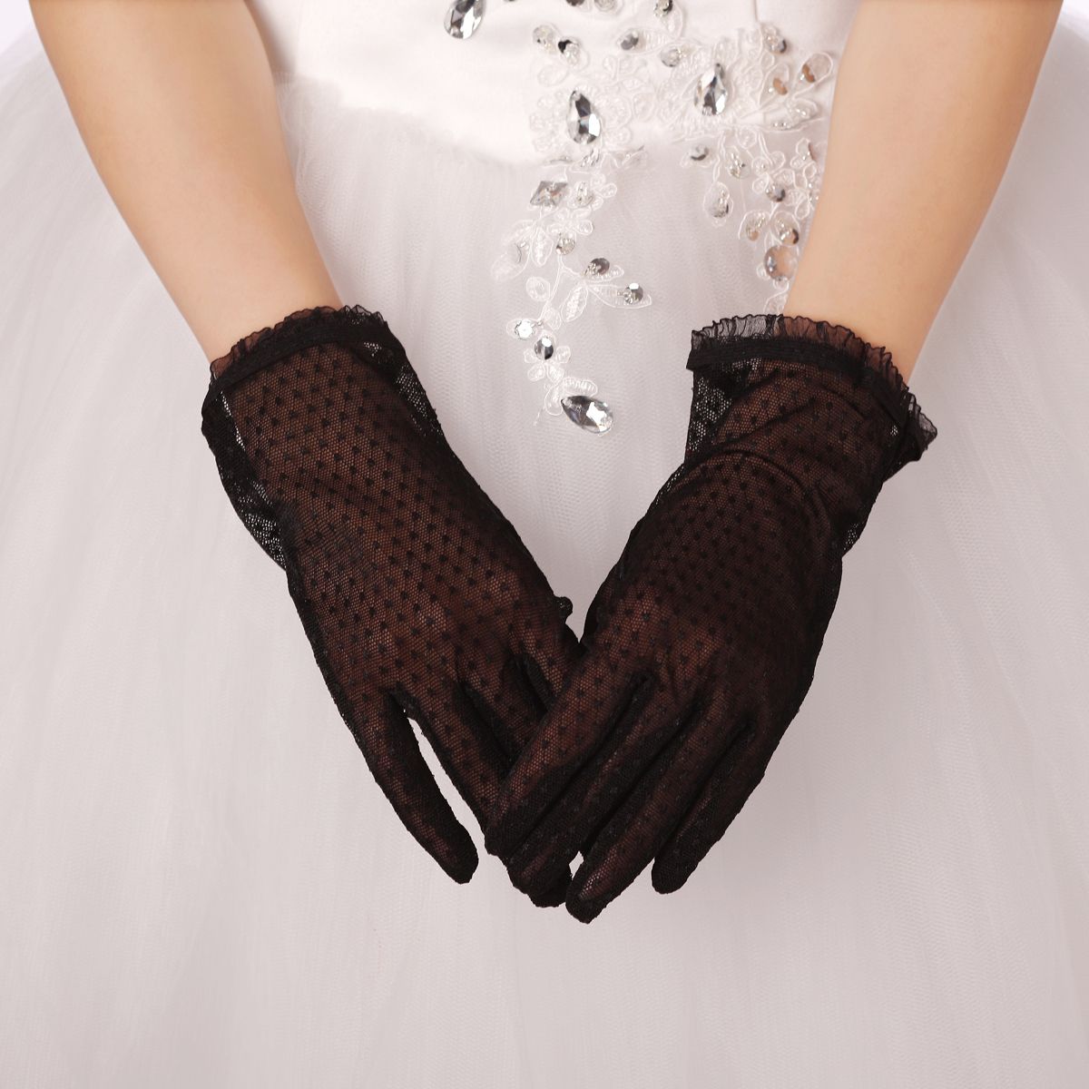 Sexy Black Lace Bridal Gloves Full Long Finger Tulle Bridal Gloves