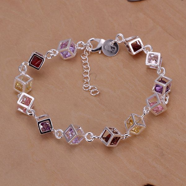 

Factory Price Brand New 925 Silver Bracelet Bangle Jewelr Shinny Colorful Squares Charm Link Bracelet 5 Piece Sale, Golden;silver