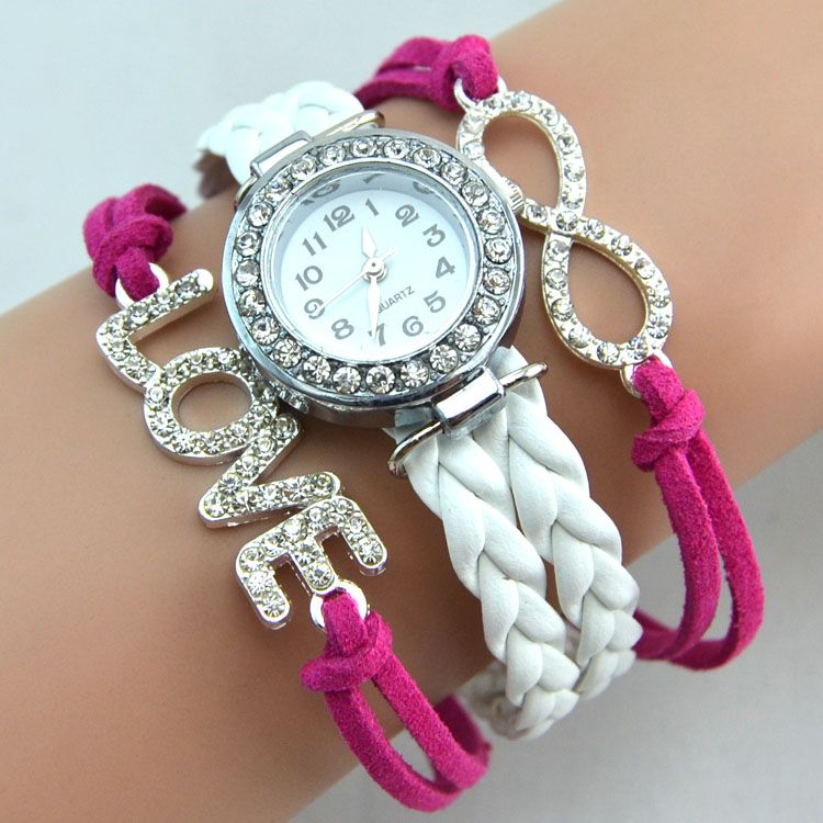 

Weave Leather Wrist Wrap Around Bracelet Watch Fashion Diamonds Love Women Leather Bracelet Quartz Watch 10pcs Drop Free Shipping, As the pictures