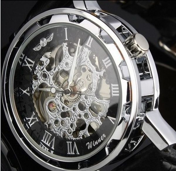 

Wholesale-Man's Winner Black Leather strap Stainless Steel Skeleton Mechanical Watch For Man Manual Mechanical Wrist Watch Free Shipping