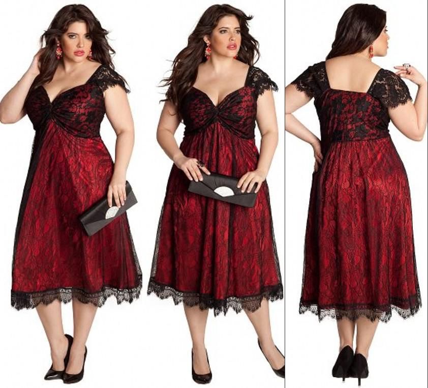Elegant 2014 Red Tea Length Plus Size Evening Dresses Square Neck