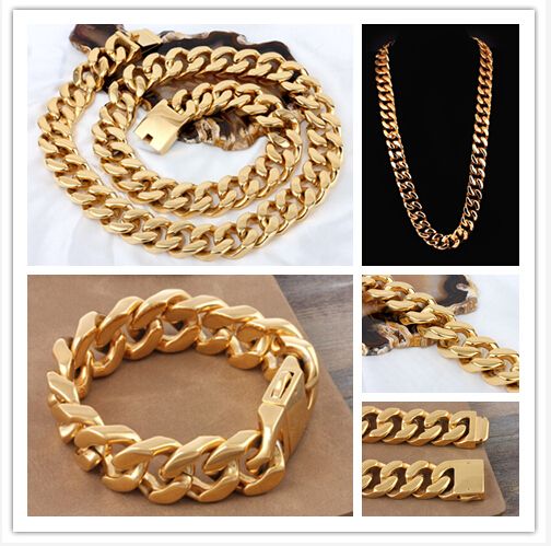 

Gave husband the best anniversary gift huge 595g Weight 20mm Men's Stainless Steel Cuban Chain Necklace & Bracelet Set Gold, Goden
