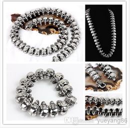 New classic punk style 24mm Heavy Men's Stainless Steel Cool Skull Heads Chain Necklace & Bracelet Set