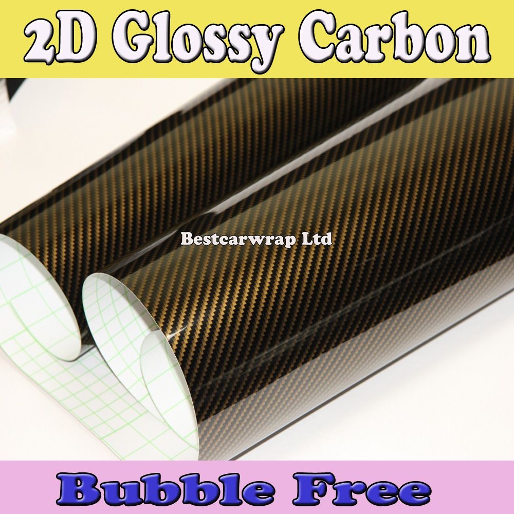 Gouden 2d Gloss Carbon Fiber Vinyl Wrap koolstofvezelfilm voor auto wrap voertuig wrap sticker luchtbel vrije maat: 1,52x30m/rol gratis verzending