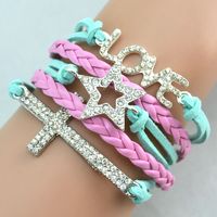 Wholesale Hot Antique Diamonds Charm Star Cross Love Infinity Mix Colors Weave Leather Bracelets Fashion Wrist Bracelets Jewellery