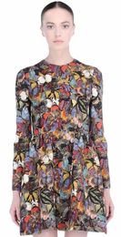 Colourful Butterfly Print Women Dress Long Sleeve Crepe Couture Dresses 8376