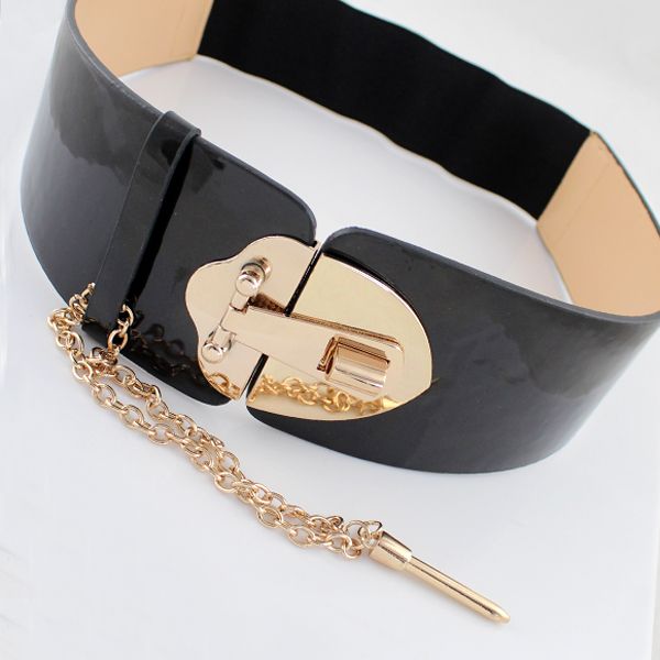Fashion Women Metal Button Plate Elastic Gold Designer Wide Cummerbund