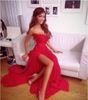 Czerwony Szyfonowy Sweetheart Neck Długość podłogi A-Line High Side Slit Seksowne Długie Suknie Wieczór Formalna Sukienka Darmowa Wysyłka New Arrival