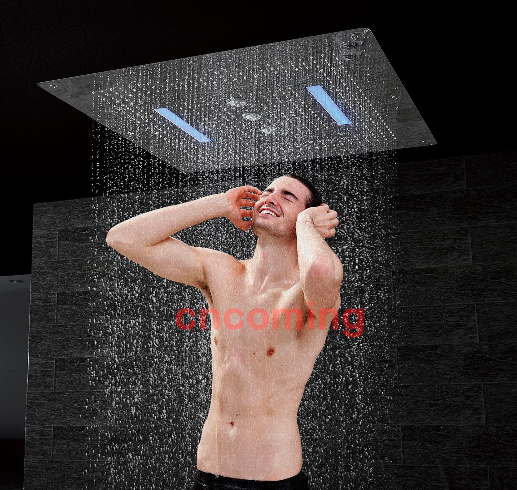 Mixed sex showering under the waterfall