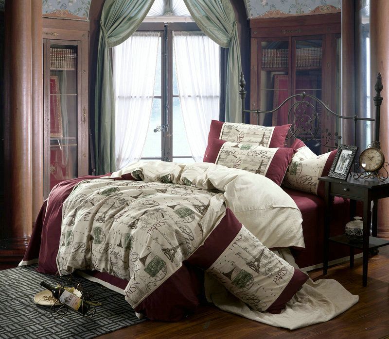 Linen Vintage Paris Eiffel Tower Bedding Comforter Set Queen Size