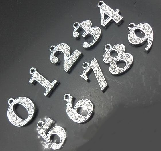 Partihandel 100st / Parti 0-9 Rhinestone Number Hang Charm DIY Pendant Tillbehör