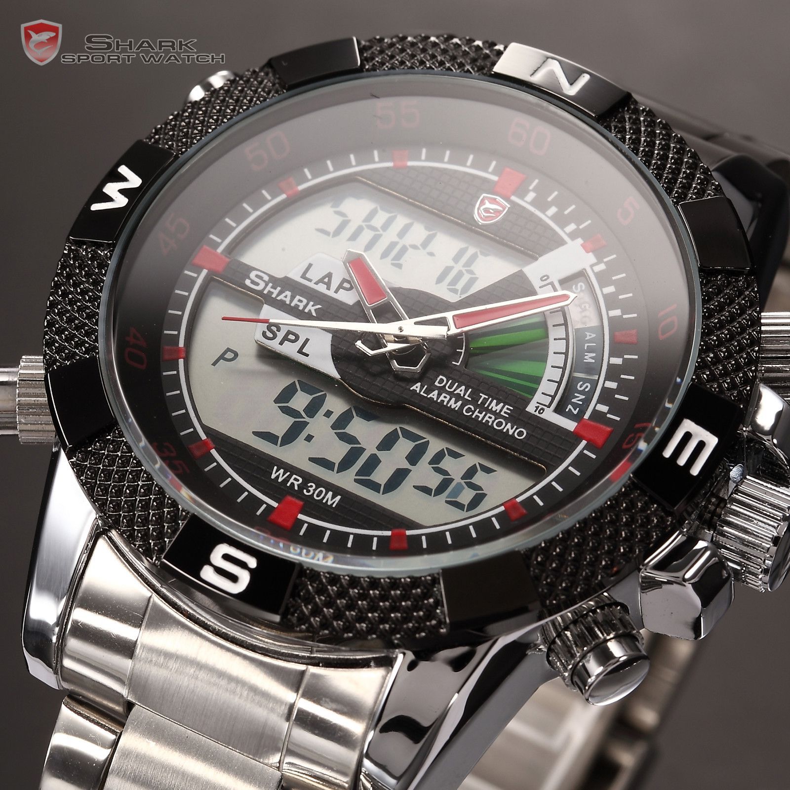 Mens Digital Watch Analog LCD Chronograph Stainless Sport SHARK Wrist