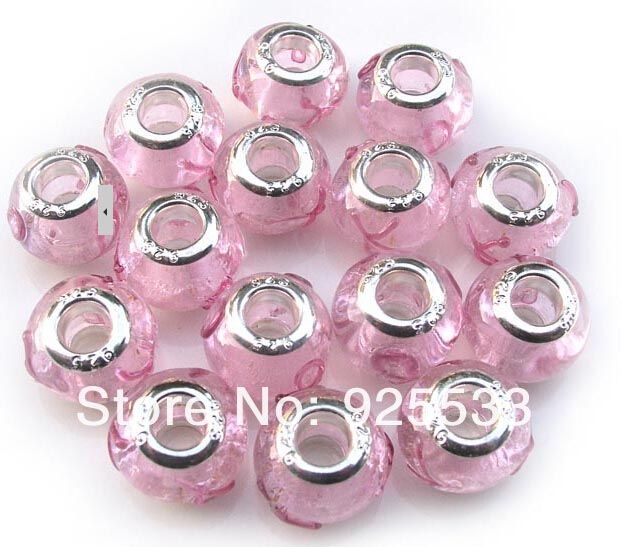 Mix Color Charms 14mm Glass 925 Sterning Silver Plated Core Pink Jedwabna wstążka Big Hole Luźne Koraliki Fit Europejskiej Biżuteria Braclet Charms DIY