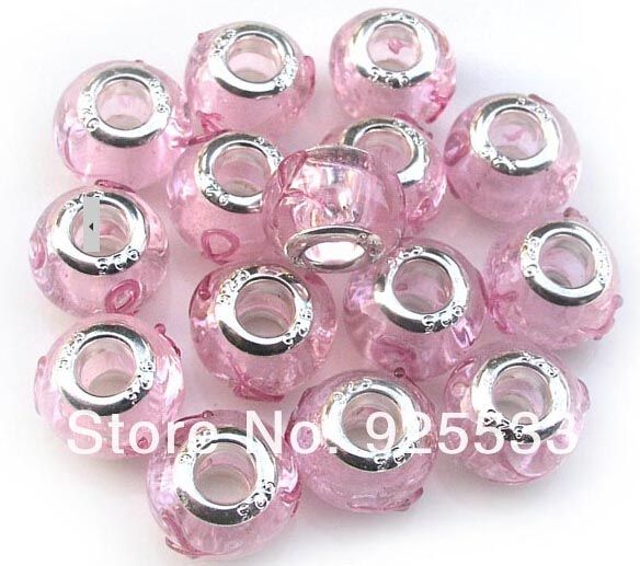 Mix Color Charms 14mm Glass 925 Sterning Silver Plated Core Pink Jedwabna wstążka Big Hole Luźne Koraliki Fit Europejskiej Biżuteria Braclet Charms DIY