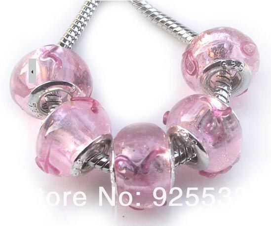 Mix Color Charms 14mm Glass 925 Stering Silver Plated Core Pink Silk Ribbon Big Hole Loose Beads fit European Jewelry Braclet Charms DIY