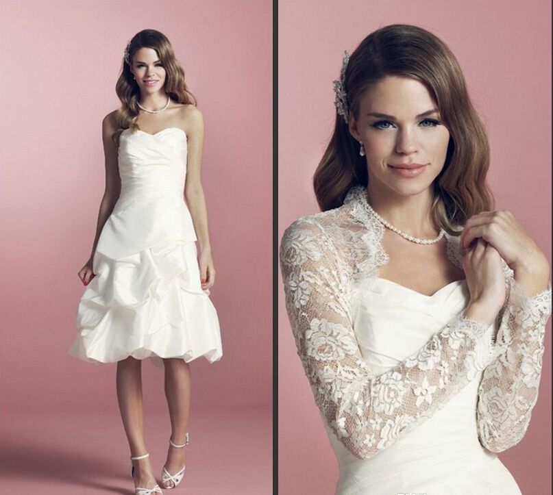 2019 Cheap Short Wedding Dress With Lace Jacket Long Sleeve Sweetheart