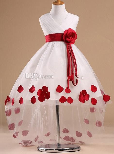 Wysoka Niski Kwiat Girl Sukienki na Wesela V-Neck Bez Różowakosu Rose Aplikacje Sash Białe Dziewczyny Korowód Sukni Płatki Kids Formalne zużycie
