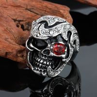 Wholesale punk style Vintage Stainless Steel Black Silver Tribe Red CZ Eye Skull Cast Biker Mens Ring