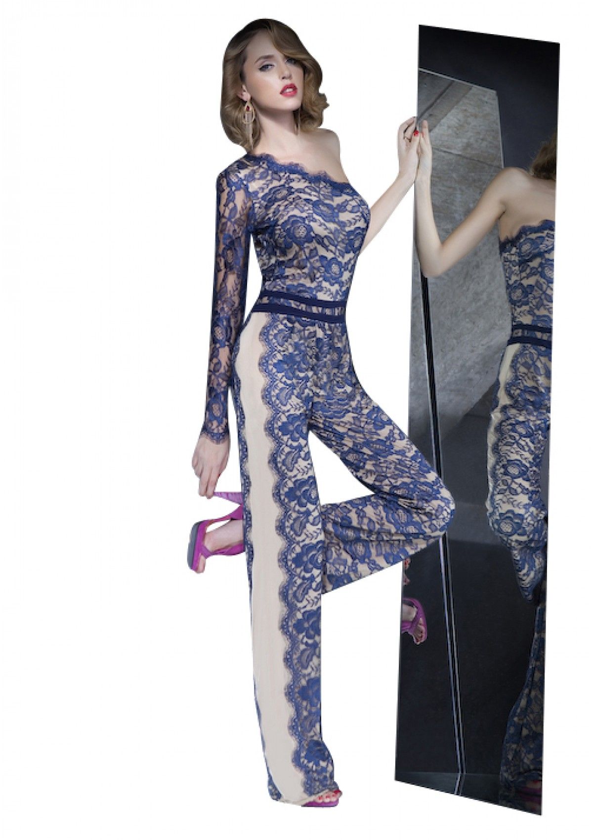 one shoulder lace jumpsuit