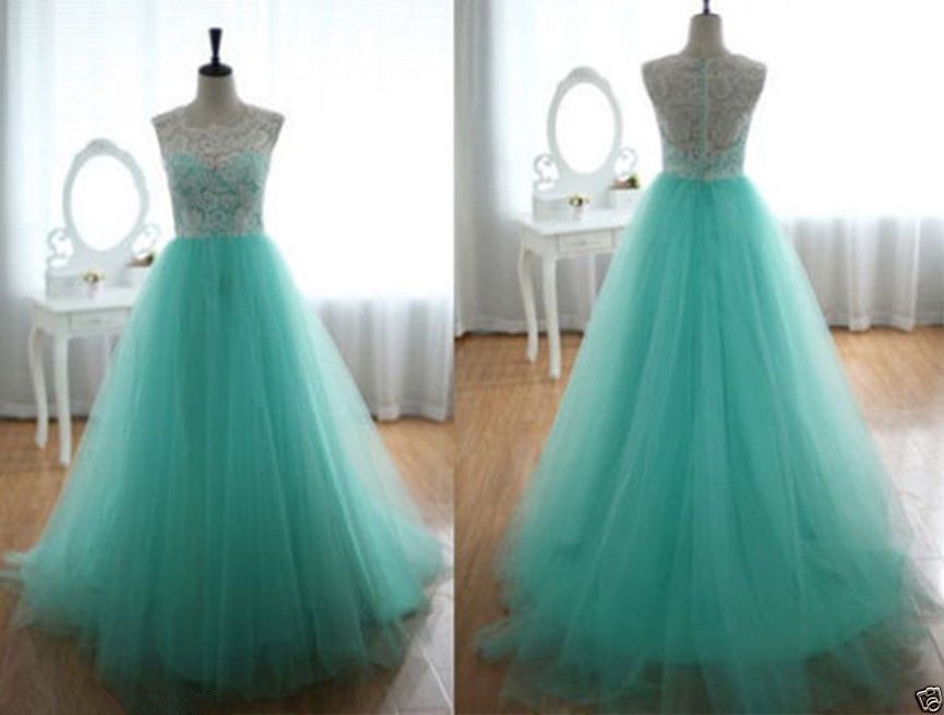 

Amazing White Lace Green Tulle Prom Dress Long A-Line Sheer Back with Covered Buttons Stunning Graduation Ball Gowns, Water melon