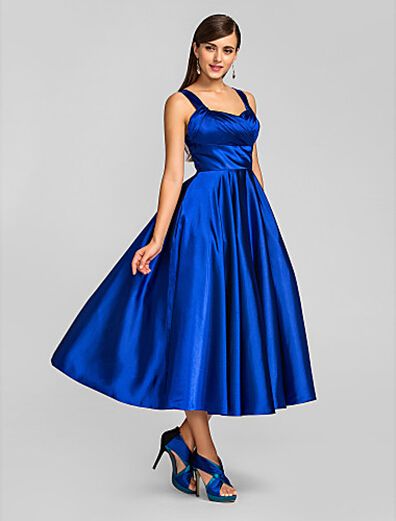 2019 Nouvelles robes de fête à la longueur du thé Aline Plus Spaghetti Spaghetti Royal Blue Robes de bal de bal à cocktails en satin pour femmes O6883849