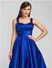 2019 New Tea Length Party Dresses ALine Plus Size Spaghetti Straps Royal Blue Ruched Satin Cocktail Prom Gowns For Women Formal O4546311