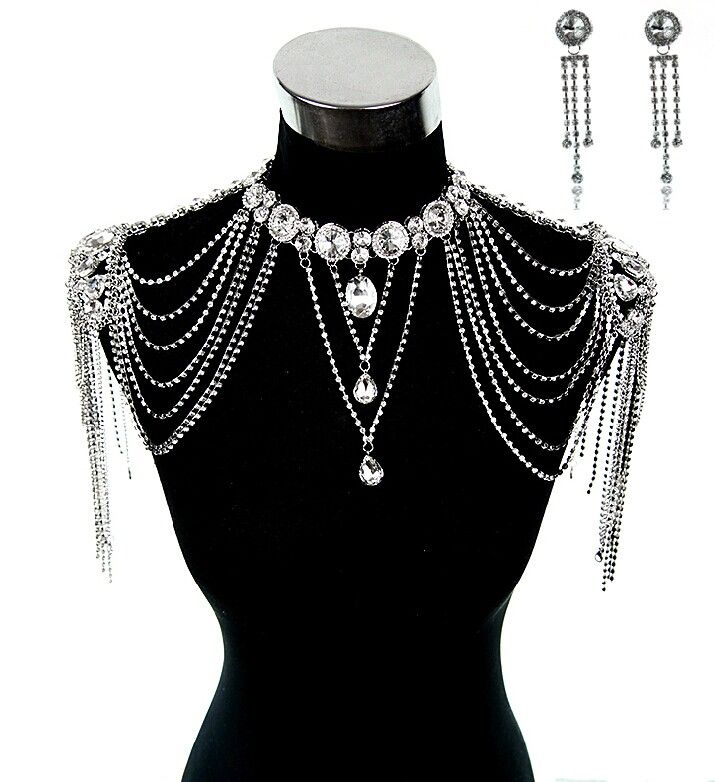 Robes De Mariée De Mariage Epaulet Veste Cristal Strass Collier En Argent À Long Épaule Longue Chaîne Complète Du Corps Boucles D'oreilles Ensemble de Bijoux