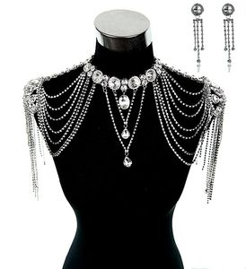 Bröllop brudklänningar epaulet jacka kristall rhinestone silver halsband lång axel lång full kropp kedja örhängen smycken set