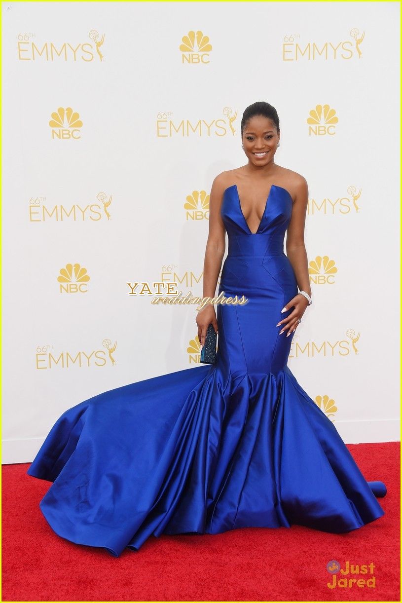 Neueste Keke Palmer Emmy Awards Roter Teppich Schatz Meerjungfrau Celebrity Kleider Satin Rüschen Königsblau Abendkleider Prom Vestidos