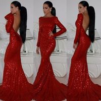 Wholesale 2019 Hot Selling Bling Bling Red Evening Dresses Bateau Neck Long Sleeve Backless Sequins Mermaid Sexy Formal Gowns Custom E14