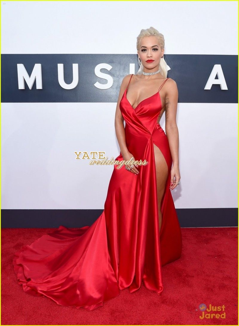 Горячие продажи Red Carpet Rita Ora MTV VMAS Sexy V-образным вырезом Оболочка Сексуальная боковая сплит Вечерние платья Знаменитости Платья