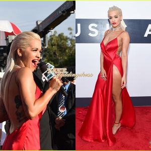 Hot Selling Red Carpet Rita Ora MTV VMAS Sexig V-Neck-mantel Sexiga Side Split Evening Gowns Celebrity Dresses