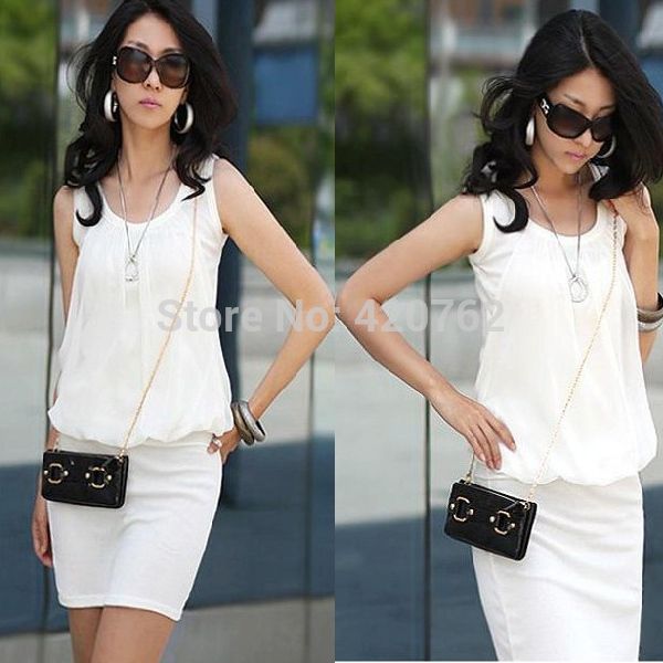 

2014 Summer New Casual Women Lady Sleeveless Casual Chiffon O-Neck Tunic Sundress Mini Dress 4 Colors Drop Shipping, White