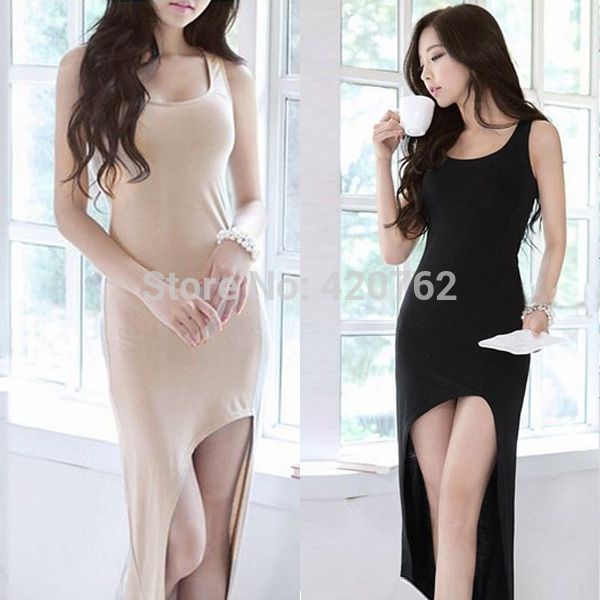 Sexy 2014 New Summer Femmes Lady Sans Manches Split Slim Irrégulière Ourlet Asymétrique Coton Long Maxi Tank Dress