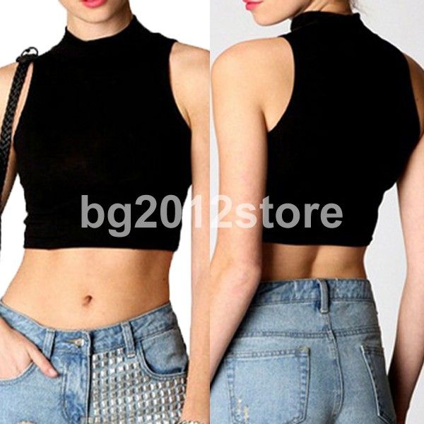 2014 Hot M-XL Womens Black Vest Katoen Polo Neck Crop Short Top T-shirt Mouwloze Vest Tops Casual Gratis verzending