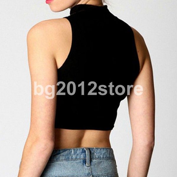 2014 Hot M-XL Womens Black Vest Katoen Polo Neck Crop Short Top T-shirt Mouwloze Vest Tops Casual Gratis verzending