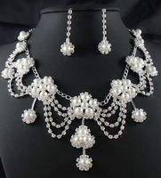 Wholesale Gorgeous Crystals Rhinestone Pearl Silver Beautiful Flower Earrings Necklace Wedding Jewelry Set Bridal Accessories