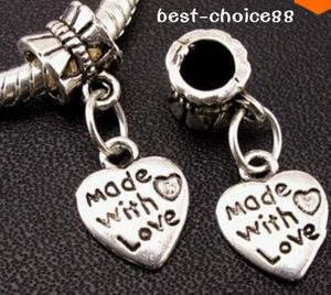 Wholesale - MIC IN STOCK 100 Pcs/lot made with love Heart Beads Charms pendant Fit Bracelet 12x10mm