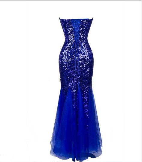 Riktig klänning sjöjungfru lång prom klänningar spets upp bakgolv längd älskling strapless kunglig blå sequin afton klänning 2015 ny ankomst