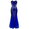 Riktig klänning sjöjungfru lång prom klänningar spets upp bakgolv längd älskling strapless kunglig blå sequin afton klänning 2015 ny ankomst