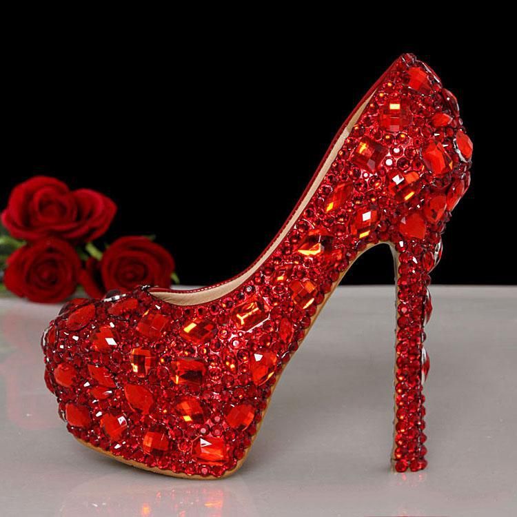 Custom Made Red Crystal Beaded Prom Shoes Beaded Bridal Evening Prom Party High Heels Wedding